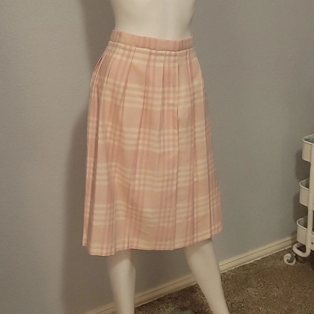 Vtg 1980s COS COB Pastel Pink Plaid Accordian Pleated Longline Skirt FLAWED